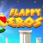 Postać aniołka z żółtymi włosami i tarczą z sercem przelatująca nad białymi kolumnami w tle z napisem Flappy Eros