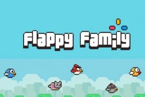 Niebieskie niebo z chmurami, sześć pikselowych postaci ptaków i napis Flappy Family w stylu retro