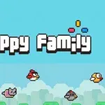 Niebieskie niebo z chmurami, sześć pikselowych postaci ptaków i napis Flappy Family w stylu retro
