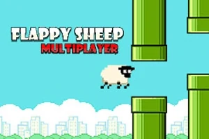 Owca leci pomiędzy zielonymi rurami na tle niebieskiego nieba i miejskiej panoramy z napisem FLAPPY SHEEP MULTIPLAYER