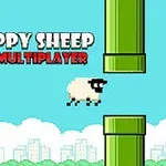 Owca leci pomiędzy zielonymi rurami na tle niebieskiego nieba i miejskiej panoramy z napisem FLAPPY SHEEP MULTIPLAYER