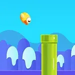 Żółty, okrągły stworek unosi się obok zielonych rur na tle niebieskich wzgórz i błękitnego nieba