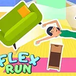 Osoba wygina się w dynamicznej pozie pomiędzy unoszącymi się meblami: zieloną sofą, pomarańczowym fotelem i małą szafką, na tle jasnego pokoju z rośliną doniczkową