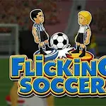 Dwóch animowanych piłkarzy stojących po bokach piłki nożnej na tle stadionu z tytułem Flicking Soccer na dole