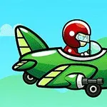 Postać w czerwonym hełmie pilotująca zielony samolot na tle nieba i zielonych wzgórz