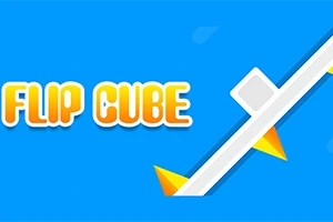Napis Flip Cube na niebieskim tle z białym sześcianem na pochylonej platformie z żółtymi trójkątami