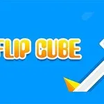 Napis Flip Cube na niebieskim tle z białym sześcianem na pochylonej platformie z żółtymi trójkątami