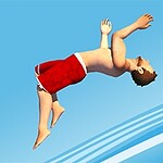 Mężczyzna w czerwonych spodenkach kąpielowych wykonuje skok do wody na tle niebieskiego nieba