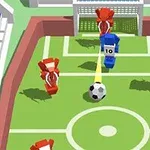 Niebieskie i czerwone figurki na prostokątnym boisku w kolorach trawy próbują strzelić gola, z piłką zmierzającą w stronę bramki