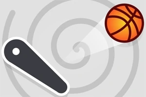 Ciemne ramię flippera w lewym dolnym rogu oraz lecąca pomarańczowa piłka koszykowa na jasnym tle z szarymi spiralami