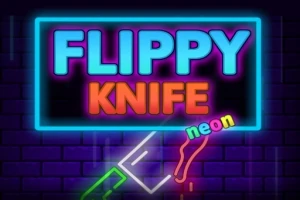 Niebiesko-fioletowy neonowy napis FLIPPY KNIFE z motywem noża i kolorowymi liniami na ciemnym tle