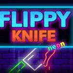 Niebiesko-fioletowy neonowy napis FLIPPY KNIFE z motywem noża i kolorowymi liniami na ciemnym tle