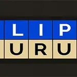 Niebieskie i beżowe kafelki ułożone w dwa rzędy, tworzące słowa FLIP i ZURU