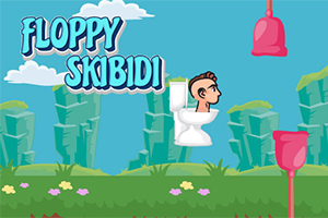 Postać z głową w toalecie unosząca się w powietrzu na tle zielonego krajobrazu z przeszkodami i dużym napisem FLOPPY SKIBIDI