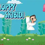 Postać z głową w toalecie unosząca się w powietrzu na tle zielonego krajobrazu z przeszkodami i dużym napisem FLOPPY SKIBIDI