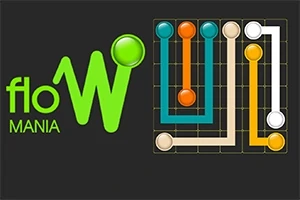 Czarny ekran z napisem „floW MANIA” po lewej i kolorowymi liniami łączącymi pary kropek na siatce po prawej