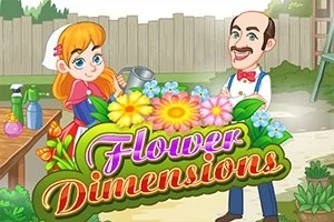Dziewczynka z konewką i mężczyzna w muszce stoją w ogrodzie otoczeni kolorowymi kwiatami i roślinami, z napisem Flower Dimensions