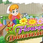 Dziewczynka z konewką i mężczyzna w muszce stoją w ogrodzie otoczeni kolorowymi kwiatami i roślinami, z napisem Flower Dimensions