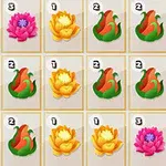 Kolorowe kafelki z ilustracjami kwiatów, w tym czerwono-zielonych pąków, różowych lotosów oraz żółtych kwiatów z cyframi na górze