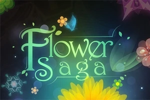 Fantazyjny napis Flower Saga otoczony kolorowymi kwiatami i motylkiem na ciemnym tle