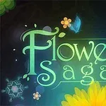 Fantazyjny napis Flower Saga otoczony kolorowymi kwiatami i motylkiem na ciemnym tle