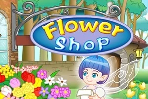 Kolorowy szyld z napisem Flower Shop nad postacią bajkowej wróżki z niebieskimi włosami, otoczoną kwiatami i zielenią