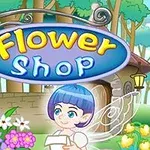 Kolorowy szyld z napisem Flower Shop nad postacią bajkowej wróżki z niebieskimi włosami, otoczoną kwiatami i zielenią