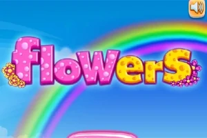 Kolorowy napis flowers na tle tęczy i jasnoniebieskiego nieba z ikoną głośnika w prawym górnym rogu