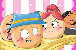 Animowane postacie o wyglądzie ciastek z różnymi wyrazami twarzy, na tle różowo-białych pasków