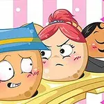 Animowane postacie o wyglądzie ciastek z różnymi wyrazami twarzy, na tle różowo-białych pasków