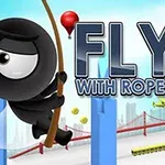 Postać w stylu kreskówki trzymająca linę na tle miasta z napisem Fly with Rope 2