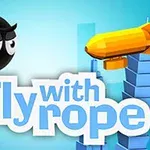 Czarna, animowana postać huśta się na linie, z widocznym napisem Fly with rope na tle niebieskich budynków i żółtego sterowca