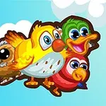 Kolorowe, stylizowane ptaki z dużymi oczami na tle błękitnego nieba z chmurami