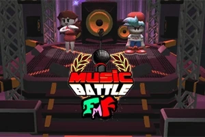 Postacie na scenie muzycznej z głośnikiem w tle i logo Music Battle