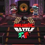 Postacie na scenie muzycznej z głośnikiem w tle i logo Music Battle