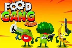 Trzy postacie przypominające jedzenie (pomidor, brokuł i banan) z bronią na tle żółto-pomarańczowego nieba