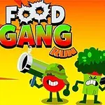 Trzy postacie przypominające jedzenie (pomidor, brokuł i banan) z bronią na tle żółto-pomarańczowego nieba