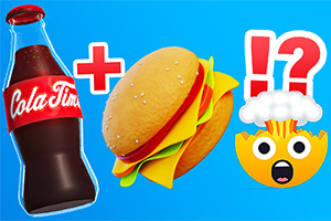 Butelka z napojem, hamburger i emotikon z eksplodującą głową na niebieskim tle