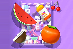 Arbuz, butelka soku, wiśnie, kokos i pomarańcza na fioletowym tle