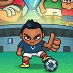 Animowana postać piłkarza w koszulce z francuskim symbolem, opierająca się o piłkę na tle stadionu i tłumu innych postaci