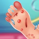 Stopa z ranami, pęcherzami i kawałkami szkła, zbliżenie w stylu kreskówkowym