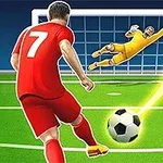 Piłkarz w czerwonym stroju z numerem 7 wykonuje strzał na bramkę, podczas gdy bramkarz w żółtym stroju próbuje obronić piłkę na boisku