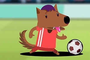 Kreskówkowy wilk w czerwonym stroju grający w piłkę nożną na boisku