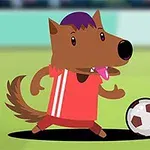 Kreskówkowy wilk w czerwonym stroju grający w piłkę nożną na boisku