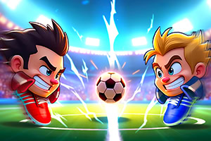 Dwóch rysunkowych piłkarzy z kolorowymi strojami mierzy się ze sobą na boisku, z piłką w centrum i błyskawicami w tle