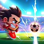 Dwóch rysunkowych piłkarzy z kolorowymi strojami mierzy się ze sobą na boisku, z piłką w centrum i błyskawicami w tle