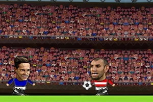 Dwóch stylizowanych piłkarzy z dużymi głowami gra w piłkę na tle rozweselonego tłumu kibiców na trybunach