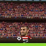 Dwóch stylizowanych piłkarzy z dużymi głowami gra w piłkę na tle rozweselonego tłumu kibiców na trybunach