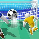 Dwie postacie w strojach piłkarskich próbujące strzelić gola, podczas gdy piłka leci w stronę bramki