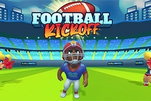 Postać w stroju futbolowym na stadionie z napisem Football Kickoff w tle